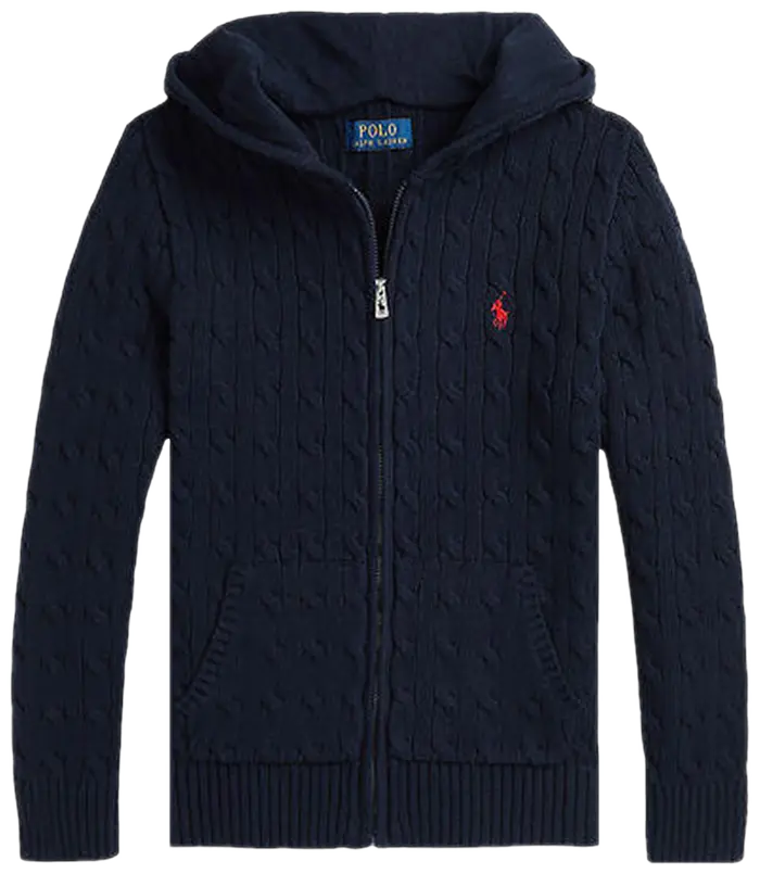 Polo Ralph Lauren Long-Sleeve Cotton Cable Knit Full Zip Hoodie 'Navy'